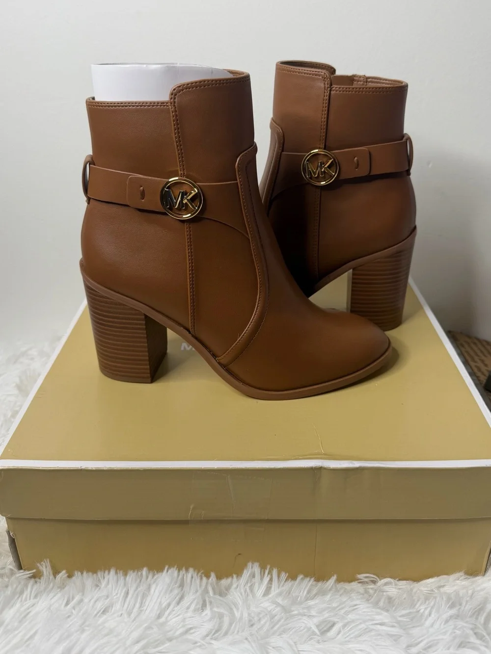 Michael Kors Brown Leather Block-Heel Ankle Boots with MK Medallion